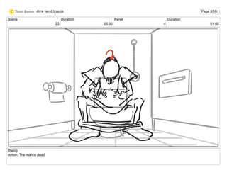 Scene
23
Duration
05:00
Panel
4
Duration
01:00
Dialog
Action: The man is dead
stink ﬁend boards Page 57/61
 