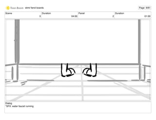 Scene
3
Duration
04:00
Panel
2
Duration
01:00
Dialog
*SFX: water faucet running
stink ﬁend boards Page 6/61
 