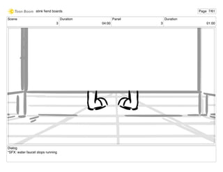 Scene
3
Duration
04:00
Panel
3
Duration
01:00
Dialog
*SFX: water faucet stops running
stink ﬁend boards Page 7/61
 