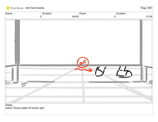 Scene
3
Duration
04:00
Panel
4
Duration
01:00
Dialog
Action: Person walks off screen right
stink ﬁend boards Page 8/61
 