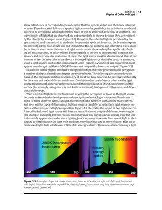 Section III: 13
Physics of Color and Light
allow reflectance of corresponding wavelengths that the eye can detect and the brain interpret
as color. Therefore, with full visual spectral light comes the possibility for an infinite number of
colors to be developed. When light strikes meat, it will be absorbed, reflected, or scattered. The
wavelengths of light that are absorbed are not perceptible to the eye because they are retained
by the object (for example, meat; Figure 3.2). However, the reflected light is perceived by the
eye, captured and transmitted to the brain. Because the eye is trichromatic, the brain interprets
the intensity of the blue, green, and red stimuli that the eye captures and interprets it as a color.
So, to discern meat color, the source of light must contain the wavelengths capable of reflect-
ing off meat surfaces, or color will not be perceptible to the eye or instrumental detector. For
sensory and instrumental evaluation of meat, the light source must be standardized. Overall, for
humans to see the true color of an object, a balanced light source should be used. In summary,
using a light source, such as the incandescent lamp (Figures 3.2 and 3.3), will make fresh meat
appear more bright red than a 5000-K fluorescent lamp with a lower red output (Figure 3.3).
In addition to the physics involved with light detection and color generation and perception,
a number of physical conditions impact the color of meat. The following discussion does not
focus on the pigment condition or chemistry of meat but how color can be perceived differently
for the same cut under different conditions. Conditions that can influence color are the light
source (illuminant), observer differences, size differences in cut or object, smoothness of the
surface (for example, using sharp or dull knife to cut meat), background differences, and direc-
tional differences.
Wavelengths of light reflected from meat develop the perception of color, so the light source
becomes an issue in the development and perception of color. Light sources or illuminants
come in many different types, sunlight, fluorescent light, tungsten light, among many others,
and even within types of illuminants, lighting sources can differ greatly. Each light source con-
tains a different spectral light composition. Figure 3.3 illustrates the output of two light sources.
A so-called balanced light source will have an equal/balanced output of different wavelengths
(for example, sunlight). For this reason, meat may look one way in a retail display case but lose
its favorable appearance under store lighting (such as, many stores use fluorescent light in their
display coolers because the light bulb produces very little heat and is more efficient than an in-
candescent light bulb which loses >70% of its energy as heat). Therefore, when choosing a light
Figure 3.3. Examples of spectral power distribution from an incandescent light bulb (left) and fluorescent
bulb (right). (http://en.wikipedia.org/wiki/File:Spectral_Power_Distributions.png; http://creativecommons.org/
licenses/by-sa/3.0/deed.en)
 