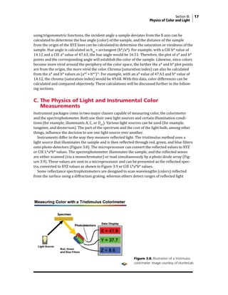 Section III: 17
Physics of Color and Light
using trigonometric functions, the incident angle a sample deviates from the X axis can be
calculated to determine the hue angle (color) of the sample, and the distance of the sample
from the origin of the XYZ lines can be calculated to determine the saturation or vividness of the
sample. Hue angle is calculated as hab
= arctangent (b*/a*). For example, with a CIE b* value of
14.12 and a CIE a* value of 47.63, the hue angle would be 16.51. Therefore, the plot of a* and b*
points and the corresponding angle will establish the color of the sample. Likewise, since colors
become more vivid around the periphery of the color space, the farther the a* and b* plot points
are from the origin, the more vivid the color. Chroma (saturation index) can also be calculated
from the a* and b* values as (a*2
+ b*2
)½
. For example, with an a* value of 47.63 and b* value of
14.12, the chroma (saturation index) would be 49.68. With this data, color differences can be
calculated and compared objectively. These calculations will be discussed further in the follow-
ing sections.
C. The Physics of Light and Instrumental Color
Measurements
Instrument packages come in two major classes capable of measuring color, the colorimeter
and the spectrophotometer. Both use their own light sources and certain illumination condi-
tions (for example, illuminants A, C, or D65
). Various light sources can be used (for example,
tungsten, and deuterium). The part of the spectrum and the cost of the light bulb, among other
things, influence the decision to use one light source over another.
Instruments differ in the way they measure reflected light. The tristimulus method uses a
light source that illuminates the sample and is then reflected through red, green, and blue filters
onto photo-detectors (Figure 3.8). The microprocessor can convert the reflected values to XYZ
or CIE L*a*b* values. The spectrophotometer illuminates the sample, and the reflected waves
are either scanned (via a monochromator) or read simultaneously by a photo diode array (Fig-
ure 3.9). These values are sent to a microprocessor and can be presented as the reflected spec-
tra, converted to XYZ values as shown in Figure 3.9 or CIE L*a*b* values.
Some reflectance spectrophotometers are designed to scan wavelengths (colors) reflected
from the surface using a diffraction grating, whereas others detect ranges of reflected light
Figure 3.8. Illustration of a tristimulus
colorimeter. Image courtesy of HunterLab.
 