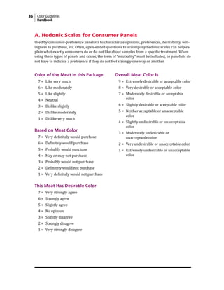 36 Color Guidelines
Handbook
Color of the Meat in this Package
7 = Like very much
6 = Like moderately
5 = Like slightly
4 = Neutral
3 = Dislike slightly
2 = Dislike moderately
1 = Dislike very much
Based on Meat Color
7 = Very definitely would purchase
6 = Definitely would purchase
5 = Probably would purchase
4 = May or may not purchase
3 = Probably would not purchase
2 = Definitely would not purchase
1 = Very definitely would not purchase
This Meat Has Desirable Color
7 = Very strongly agree
6 = Strongly agree
5 = Slightly agree
4 = No opinion
3 = Slightly disagree
2 = Strongly disagree
1 = Very strongly disagree
A. Hedonic Scales for Consumer Panels
Used by consumer-preference panelists to characterize opinions, preferences, desirability, will-
ingness to purchase, etc. Often, open-ended questions to accompany hedonic scales can help ex-
plain what exactly consumers do or do not like about samples from a specific treatment. When
using these types of panels and scales, the term of “neutrality” must be included, so panelists do
not have to indicate a preference if they do not feel strongly one way or another.
Overall Meat Color Is
9 = Extremely desirable or acceptable color
8 = Very desirable or acceptable color
7 = Moderately desirable or acceptable
color
6 = Slightly desirable or acceptable color
5 = Neither acceptable or unacceptable
color
4 = Slightly undesirable or unacceptable
color
3 = Moderately undesirable or
unacceptable color
2 = Very undesirable or unacceptable color
1 = Extremely undesirable or unacceptable
color
 