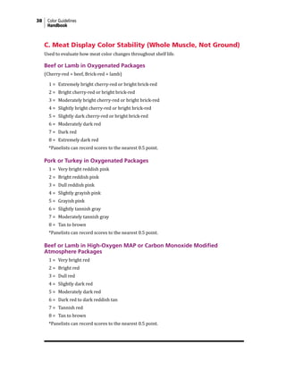 38 Color Guidelines
Handbook
Beef or Lamb in Oxygenated Packages
(Cherry-red = beef, Brick-red = lamb)
1 = Extremely bright cherry-red or bright brick-red
2 = Bright cherry-red or bright brick-red
3 = Moderately bright cherry-red or bright brick-red
4 = Slightly bright cherry-red or bright brick-red
5 = Slightly dark cherry-red or bright brick-red
6 = Moderately dark red
7 = Dark red
8 = Extremely dark red
*Panelists can record scores to the nearest 0.5 point.
Pork or Turkey in Oxygenated Packages
1 = Very bright reddish pink
2 = Bright reddish pink
3 = Dull reddish pink
4 = Slightly grayish pink
5 = Grayish pink
6 = Slightly tannish gray
7 = Moderately tannish gray
8 = Tan to brown
*Panelists can record scores to the nearest 0.5 point.
Beef or Lamb in High-Oxygen MAP or Carbon Monoxide Modified
Atmosphere Packages
1 = Very bright red
2 = Bright red
3 = Dull red
4 = Slightly dark red
5 = Moderately dark red
6 = Dark red to dark reddish tan
7 = Tannish red
8 = Tan to brown
*Panelists can record scores to the nearest 0.5 point.
C. Meat Display Color Stability (Whole Muscle, Not Ground)
Used to evaluate how meat color changes throughout shelf life.
 