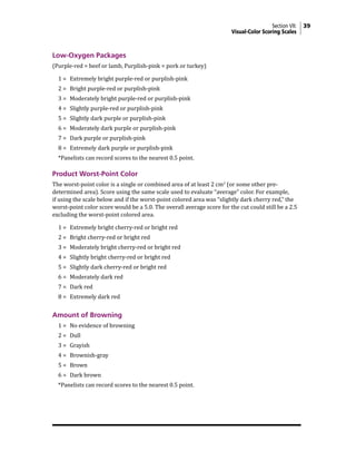 Section VII: 39
Visual-Color Scoring Scales
Low-Oxygen Packages
(Purple-red = beef or lamb, Purplish-pink = pork or turkey)
1 = Extremely bright purple-red or purplish-pink
2 = Bright purple-red or purplish-pink
3 = Moderately bright purple-red or purplish-pink
4 = Slightly purple-red or purplish-pink
5 = Slightly dark purple or purplish-pink
6 = Moderately dark purple or purplish-pink
7 = Dark purple or purplish-pink
8 = Extremely dark purple or purplish-pink
*Panelists can record scores to the nearest 0.5 point.
Product Worst-Point Color
The worst-point color is a single or combined area of at least 2 cm2
(or some other pre-
determined area). Score using the same scale used to evaluate “average” color. For example,
if using the scale below and if the worst-point colored area was “slightly dark cherry red,” the
worst-point color score would be a 5.0. The overall average score for the cut could still be a 2.5
excluding the worst-point colored area.
1 = Extremely bright cherry-red or bright red
2 = Bright cherry-red or bright red
3 = Moderately bright cherry-red or bright red
4 = Slightly bright cherry-red or bright red
5 = Slightly dark cherry-red or bright red
6 = Moderately dark red
7 = Dark red
8 = Extremely dark red
Amount of Browning
1 = No evidence of browning
2 = Dull
3 = Grayish
4 = Brownish-gray
5 = Brown
6 = Dark brown
*Panelists can record scores to the nearest 0.5 point.
 
