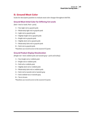 Section VII: 41
Visual-Color Scoring Scales
D. Ground Meat Color
Scales for descriptive panelists to evaluate meat color changes throughout shelf life.
Ground Meat Initial Color for Differing Fat Levels
(Red = beef or lamb, Pink = pork)
1 = Very light red or grayish-pink
2 = Moderately light red or grayish-pink
3 = Light red or grayish-pink
4 = Slightly bright red or grayish-pink
5 = Bright red or grayish-pink
6 = Slightly dark red or grayish-pink
7 = Moderately dark red or grayish-pink
8 = Dark red or grayish-pink
*Panelists can record scores to the nearest 0.5 point.
Ground Product Display Discoloration
(Bright red = beef, reddish-pink and tannish-gray = pork and turkey)
1 = Very bright red or reddish-pink
2 = Bright red or reddish-pink
3 = Dull red or reddish-pink
4 = Slightly dark red or reddish-pink
5 = Moderately dark red or reddish-pink
6 = Dark red to tannish-red or tannish-gray
7 = Dark reddish-tan or tannish-gray
8 = Tan to brown
*Panelists can record scores to the nearest 0.5 point.
 