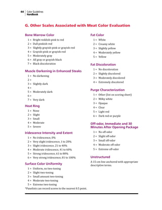 44 Color Guidelines
Handbook
Bone Marrow Color
1 = Bright reddish-pink to red
2 = Dull pinkish-red
3 = Slightly grayish-pink or grayish-red
4 = Grayish-pink or grayish-red
5 = Moderately gray
6 = All gray or grayish-black
7 = Black discoloration
Muscle Darkening in Enhanced Steaks
1 = No darkening
2 =
3 = Slightly dark
4 =
5 = Moderately dark
6 =
7 = Very dark
Heat Ring
1 = None
2 = Slight
3 = Small
4 = Moderate
5 = Severe
Iridescence Intensity and Extent
1 = No iridescence, 0%
2 = Very slight iridescence, 1 to 20%
3 = Slight iridescence, 21 to 40%
4 = Moderate iridescence, 41 to 60%
5 = Strong iridescence, 61 to 80%
6 = Very strong iridescence, 81 to 100%
Surface Color Uniformity
1 = Uniform, no two-toning
2 = Slight two-toning
3 = Small amount two-toning
4 = Moderate two-toning
5 = Extreme two-toning
*Panelists can record scores to the nearest 0.5 point.
Fat Color
1 = White
2 = Creamy white
3 = Slightly yellow
4 = Moderately yellow
5 = Yellow
Fat Discoloration
1 = No discoloration
2 = Slightly discolored
3 = Moderately discolored
4 = Extremely discolored
Purge Characterization
1 = Other (list on scoring sheet)
2 = Milky white
3 = Opaque
4 = Clear
5 = Light red
6 = Dark red or purple
Off-odor, Immediate and 30
Minutes After Opening Package
1 = No off-odor
2 = Slight off-odor
3 = Small off-odor
4 = Moderate off-odor
5 = Extreme off-odor
Unstructured
A 15-cm line anchored with appropriate
descriptive terms.
G. Other Scales Associated with Meat Color Evaluation
 