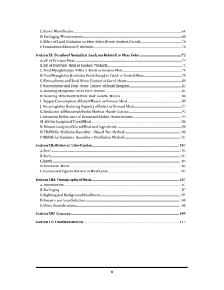 v
C. Cured Meat Studies.................................................................................................................................................66
D. Packaging Measurements....................................................................................................................................68
E. Effect of Lipid Oxidation on Meat Color (Fresh, Cooked, Cured)........................................................70
F. Fundamental Research Methods.......................................................................................................................70
Section XI: Details of Analytical Analyses Related to Meat Color..................................................73
A. pH of Prerigor Meat...............................................................................................................................................74
B. pH of Postrigor Meat or Cooked Products....................................................................................................75
C. Total Myoglobin (as DMb) of Fresh or Cooked Meat................................................................................76
D. Total Myoglobin (Isobestic Point Assay) in Fresh or Cooked Meat...................................................78
E. Nitrosoheme and Total Heme Content of Cured Meats..........................................................................80
F. Nitrosoheme and Total Heme Content of Small Samples.......................................................................83
G. Isolating Myoglobin for In Vitro Studies.......................................................................................................84
H. Isolating Mitochondria from Beef Skeletal Muscle..................................................................................86
I. Oxygen Consumption of Intact Muscle or Ground Meat..........................................................................89
J. Metmyoglobin Reducing Capacity of Intact or Ground Meat.................................................................91
K. Reduction of Metmyoglobin by Skeletal Muscle Extracts......................................................................93
L. Detecting Reflectance of Denatured Globin Hemochromes..................................................................95
M. Nitrite Analysis of Cured Meat.........................................................................................................................96
N. Nitrate Analysis of Cured Meat and Ingredients.......................................................................................98
O. TBARS for Oxidative Rancidity—Rapid, Wet Method..........................................................................100
P. TBARS for Oxidative Rancidity—Distillation Method...........................................................................101
Section XII: Pictorial Color Guides.......................................................................................................103
A. Beef............................................................................................................................................................................103
B. Pork............................................................................................................................................................................104
C. Lamb..........................................................................................................................................................................104
D. Processed Meats...................................................................................................................................................104
E. Guides and Figures Related to Meat Color................................................................................................105
Section XIII: Photography of Meat........................................................................................................107
A. Introduction...........................................................................................................................................................107
B. Packaging.................................................................................................................................................................107
C. Lighting and Background Conditions..........................................................................................................107
D. Camera and Lens Selection..............................................................................................................................108
E. Other Considerations.........................................................................................................................................108
Section XIV: Glossary................................................................................................................................109
Section XV: Cited References..................................................................................................................117
 