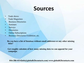 Sources
• Trade shows
• Trade Magazines
• Business Directories
• Seminars
• Surveys
• Directories
• Online Subscriptions
• Business Directories Exhibition, etc.
Do you have a list of Database without email addresses or any other missing
data?
Get roughly calculate of how many missing data we can append for your
campaign.
816-286-4114|info@globalb2bcontacts.com| www.globalb2bcontacts.com
 