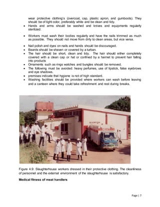 Page | 7
wear protective clothing’s (overcoat, cap, plastic apron, and gumboots). They
should be of light color, preferably white and be clean and tidy.
 Hands and arms should be washed and knives and equipments regularly
sterilized.
 Workers must wash their bodies regularly and have the nails trimmed as much
as possible. They should not move from dirty to clean areas, but vice versa.
 Nail polish and dyes on nails and hands should be discouraged.
 Beards should be shaven or covered by a turban.
 The hair should be short, clean and tidy. The hair should either completely
covered with a clean cap or hat or confined by a hairnet to prevent hair falling
into products
 Ornaments such as rings watches and bungles should be removed.
 The following must be avoided: heavy perfumes, use of lipstick, false eyebrows
and eye shadows.
 premises indicate that hygiene is not of high standard.
 Washing facilities should be provided where workers can wash before leaving
and a canteen where they could take refreshment and rest during breaks.
Figure 4.9: Slaughterhouse workers dressed in their protective clothing. The cleanliness
of personnel and the external environment of the slaughterhouse is satisfactory.
Medical fitness of meat handlers
 