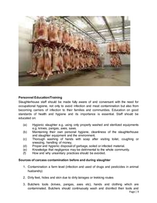 Page | 9
Personnel Education/Training
Slaughterhouse staff should be made fully aware of and conversant with the need for
occupational hygiene, not only to avoid infection and meat contamination but also from
becoming carriers of infection to their families and communities. Education on good
standards of health and hygiene and its importance is essential. Staff should be
educated on:
(a) Hygienic slaughter e.g. using only properly washed and sterilized equipments
e.g. knives, pangas, axes, saws.
(b) Maintaining their own personal hygiene, cleanliness of the slaughterhouse
and slaughter equipment and the environment.
(c) Thorough washing of hands with soap after visiting toilet, coughing or
sneezing, handling of money,
(d) Proper and hygienic disposal of garbage, soiled or infected material.
(e) Knowledge that negligence may be detrimental to the whole community.
(f) How and why unsanitary practices should be avoided.
Sources of carcass contamination before and during slaughter
1. Contamination a farm level (infection and used of drugs and pesticides in animal
husbandry)
2. Dirty feet, hides and skin due to dirty lairages or trekking routes
3. Butchers tools (knives, pangas, axes etc), hands and clothing which are
contaminated. Butchers should continuously wash and disinfect their tools and
 