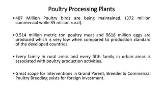 Poultry Processing Plants
•407 Million Poultry birds are being maintained. (372 million
commercial while 35 million rural).
•0.514 million metric ton poultry meat and 9618 million eggs are
produced which is very low when compared to production standard
of the developed countries.
•Every family in rural areas and every fifth family in urban areas is
associated with poultry production activities.
•Great scope for interventions in Grand Parent, Breeder & Commercial
Poultry Breeding exists for foreign investment.
 