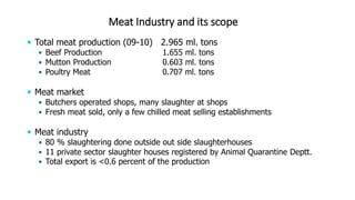 Meat Industry and its scope
 Total meat production (09-10) 2.965 ml. tons
 Beef Production 1.655 ml. tons
 Mutton Production 0.603 ml. tons
 Poultry Meat 0.707 ml. tons
 Meat market
 Butchers operated shops, many slaughter at shops
 Fresh meat sold, only a few chilled meat selling establishments
 Meat industry
 80 % slaughtering done outside out side slaughterhouses
 11 private sector slaughter houses registered by Animal Quarantine Deptt.
 Total export is <0.6 percent of the production
 