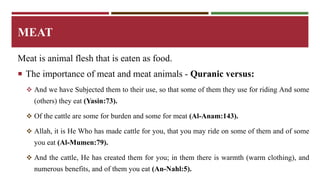 MEAT 
Meat is animal flesh that is eaten as food. 
 The importance of meat and meat animals - Quranic versus: 
 And we have Subjected them to their use, so that some of them they use for riding And some 
(others) they eat (Yasin:73). 
 Of the cattle are some for burden and some for meat (Al-Anam:143). 
 Allah, it is He Who has made cattle for you, that you may ride on some of them and of some 
you eat (Al-Mumen:79). 
 And the cattle, He has created them for you; in them there is warmth (warm clothing), and 
numerous benefits, and of them you eat (An-Nahl:5). 
 
