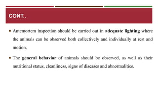 CONT.. 
 Antemortem inspection should be carried out in adequate lighting where 
the animals can be observed both collectively and individually at rest and 
motion. 
 The general behavior of animals should be observed, as well as their 
nutritional status, cleanliness, signs of diseases and abnormalities. 
 