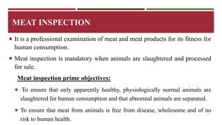 MEAT INSPECTION 
 It is a professional examination of meat and meat products for its fitness for 
human consumption. 
 Meat inspection is mandatory when animals are slaughtered and processed 
for sale. 
Meat inspection prime objectives: 
 To ensure that only apparently healthy, physiologically normal animals are 
slaughtered for human consumption and that abnormal animals are separated. 
 To ensure that meat from animals is free from disease, wholesome and of no 
risk to human health. 
 