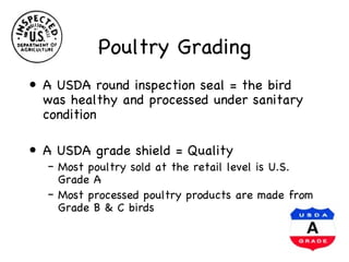 Poultry Grading
• A USDA round inspection seal = the bird
  was healthy and processed under sanitary
  condition

• A USDA...