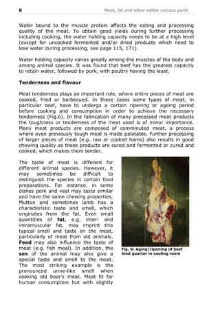8 Meat, fat and other edible carcass parts
Water bound to the muscle protein affects the eating and processing
quality of the meat. To obtain good yields during further processing
including cooking, the water holding capacity needs to be at a high level
(except for uncooked fermented and/or dried products which need to
lose water during processing, see page 115, 171).
Water holding capacity varies greatly among the muscles of the body and
among animal species. It was found that beef has the greatest capacity
to retain water, followed by pork, with poultry having the least.
Tenderness and flavour
Meat tenderness plays an important role, where entire pieces of meat are
cooked, fried or barbecued. In these cases some types of meat, in
particular beef, have to undergo a certain ripening or ageing period
before cooking and consumption in order to achieve the necessary
tenderness (Fig.6). In the fabrication of many processed meat products
the toughness or tenderness of the meat used is of minor importance.
Many meat products are composed of comminuted meat, a process
where even previously tough meat is made palatable. Further processing
of larger pieces of meat (e.g. raw or cooked hams) also results in good
chewing quality as these products are cured and fermented or cured and
cooked, which makes them tender.
The taste of meat is different for
different animal species. However, it
may sometimes be difficult to
distinguish the species in certain food
preparations. For instance, in some
dishes pork and veal may taste similar
and have the same chewing properties.
Mutton and sometimes lamb has a
characteristic taste and smell, which
originates from the fat. Even small
quantities of fat, e.g. inter- and
intramuscular fat, may imprint this
typical smell and taste on the meat,
particularly of meat from old animals.
Feed may also influence the taste of
meat (e.g. fish meal). In addition, the
sex of the animal may also give a
special taste and smell to the meat.
The most striking example is the
pronounced urine-like smell when
cooking old boar’s meat. Meat fit for
human consumption but with slightly
Fig. 6: Aging/ripening of beef
hind quarter in cooling room
 