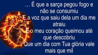 … É que a sarça pegou fogo e
não se consumiu
E a voz que saiu dela um dia me
atraiu
E o meu coração queimou até
que descobriu
Que um dia com Tua glória vale
mais que mil
 