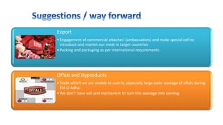 Export
•Engagement of commercial attaches' (ambassadors) and make special cell to
introduce and market our meat in target countries
•Packing and packaging as per international requirements
Offals and Byproducts
•Trade which we are unable to cash it, especially large scale wastage of offals during
Eid ul Adha.
•We don't have will and mechanism to turn this wastage into earning
 