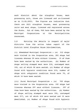C/WPPIL/133/2021 IA JUDGMENT DATED: 11/04/2023
each district about the slaughter house, meat
processing unit, those are licesned and un-licensed
as on 13.02.2023. The figures are indicative that
there are 2621 slaughter houses, meat processing
units and meat shops, licensed and registered across
the State. Out of them, 940 have been sealed by the
Municipal Corporations or the Municipalities
concerned.
3.8 Noticing the details in respect of major
districts from the action taken report of the
District Level Slaughter House Sub-Committee,
(i) Ahmedabad Municipal Corporation : (a) 312 shops
were visited in the Corporation area. 283 shops had
licenses whereas 29 were without liceces. 15 of them
have been sealed by the authorities. (b) Number of
shops selling stamped meat were 210, unstamped meat
102, out of which 58 were sealed. (c) Number of shops
found with hygienic conditions were 233, number of
shops with unhygienic condition found were 79, of
which 14 have been sealed.
(ii) Surat Municipal Corporation : (a) 769 shops
were visited in the Corporation area. 192 shops had
licences whereas 297 were without licences. 297 of
them have been sealed by the authorities. (b) Number
of shops selling stamped meat were 192, unstamped
meat 577, out of which 416 were sealed and 15 were
demolished. (c) Number of shops found with hygienic
Page 17 of 32
Downloaded on : Tue Apr 11 18:21:13 IST 2023
 