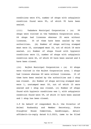 C/WPPIL/133/2021 IA JUDGMENT DATED: 11/04/2023
conditions were 674, number of shops with unhygienic
condition found were 95, of which 95 have been
sealed.
(iii) Vadodara Municipal Corporation : (a) 99
shops were visited in the Vadodara Corporation area.
64 shops had licences whereas 35 were without
licences. 35 of them have been sealed by the
authorities. (b) Number of shops selling stamped
meat were 16, unstamped meat 18, out of which 18 were
sealed. (c) Number of shops found with hygienic
conditions were 13, number of shops with unhygienic
condition were 46, of which 40 have been sealed and 6
have been closed.
(iv) Rajkot Municipal Corporation : (a) 61 shops
were visited in the Rajkot Corporation area. 1 shops
had licence whereas 60 were without licences. 15 of
them have been sealed by the authorities and 1 shop
was closed. (b) Number of shops selling stamped meat
were 1, unstamped meat 59, out of which 15 were
sealed and 1 shop was closed. (c) Number of shops
found with hygienic conditions was 1, with unhygienic
condition found were 59, of which 15 have been sealed
and 1 shop has been closed.
3.9 On behalf of respondent No.3- the Director of
Animal Husbandry and Member Secretary, State
Slaughter House Committee, Gandhinagar, detail
affidavit-in-reply dated 8.2.2023, came to be filed
Page 18 of 32
Downloaded on : Tue Apr 11 18:21:13 IST 2023
 