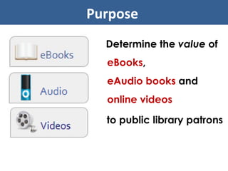 Determine the  value  of  eBooks ,  eAudio books  and  online videos Purpose  to public library patrons 