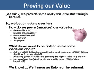 (We think) we provide some really valuable stuff through libraries! So, we began asking questions: How do we prove (measure) our value for… Member libraries? Funding organizations? Government leaders? Our patrons? Tax payers? What do we need to be able to make some decisions about? Outreach (Which libraries are getting the most value from NC LIVE? Where should we focus our efforts?) Marketing (What resources are providing the highest value for patrons?) Resource Selection (What should we provide more of? What’s less important?) We know! … We’ll measure Return on Investment. Proving our Value 