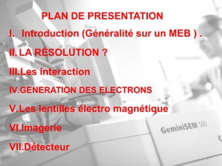 PLAN DE PRESENTATION
I. Introduction (Généralité sur un MEB ) .
II. LA RÉSOLUTION ?
III.Les interaction
IV.GENERATION DES ELECTRONS
V.Les lentilles électro magnétique
VI.Imagerie
VII.Détecteur
2
 