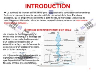 INTRODUCTION
 La curiosité de l'humain et son amour pour l'innovation et la connaissance du monde qui
l'entoure le poussent à inventer des dispositifs lui permettant de le faire, Parmi ces
dispositifs, qui lui ont permis de connaître le petit monde, le microscope ,beaucoup de
microscopes ont étais crée celons les besoin .aujourd'hui nous parlerons du microscopie
électronique à balayage .
.
Principe de fonctionnement d’un M.E.B
-Le principe de fonctionnement d’un
microscope électronique à balayage est
de faire correspondre le déplacement
d’un faisceau d'électrons sur un
échantillon de façon synchrone avec le
déplacement d’un faisceau d'électrons
sur un écran cathodique.
-La brillance du spot est modulée par le
signal provenant d’un détecteur
spécifique résultant de l’interaction du
faisceau primaire avec le matériau .
3
 