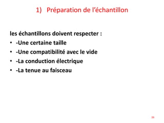 1) Préparation de l’échantillon
les échantillons doivent respecter :
• -Une certaine taille
• -Une compatibilité avec le vide
• -La conduction électrique
• -La tenue au faisceau
39
 