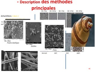 - Description des méthodes
principales
échantillons « durs »
-Conducteur (métaux)
• La préparation métallographique de la
surface
découpage
polissage
attaque chimique
- Non conducteur
• métallisation
échantillons « Biologiques »
- Déshydratation
• par voie chimique a T ambiant
Ou par Lyophilisation
• métallisation
-maintien de l’échantillon
Hydrate
• congélation
métallisation
• maitre au MEB
ENVIRONNEMENTAL
échantillons «poudres»
• Dispersion sur support adhésif
double face conducteur a base
de carbone
•poudres non conductrices
Métalliser l’ensemble sans
oublier d’établir un pont
conducteur ente ce dépôt
conducteur et la platine
40
 