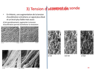 3) Tension d'accélération
• En théorie, une augmentation de la tension
d'accélération entraînera un signal plus élevé
et un bruit plus faible mais aussi:
A fort grandissement, augmenter la tension
d’accélération permet d’améliorer la résolution
A faible grandissement, diminuer la tension d’accélération
permet
d’améliorer le contraste des détails en surface.
permet d’améliorer la résolution
(netteté) et d’éviter la dégradation de
l’échantillon mais l’image devient plus
granuleuse car la statistique de
mesure est moins bonne
courant de sonde
Tension d’accélération : 10 kV,
Grandissement : x 5400
44
 