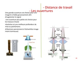 - Les ouverturesUne grande ouverture est choisie pour une
imagerie à faible grossissement afin
d'augmenter le signal
Une ouverture plus petite est choisie pour
les travaux à haute
résolution et une meilleure profondeur de
mise au point(moins
d'électrons parviennent à l'échantillon image
moins lumineuse)
permet d’obtenir une plus grande
profondeur de champ mais fait perdre en
résolution car on augmente
les aberrations sphériques
- Distance de travail
48
 