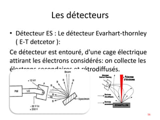 Les détecteurs
• Détecteur ES : Le détecteur Evarhart-thornley
( E-T detcetor ):
Ce détecteur est entouré, d'une cage électrique
attirant les électrons considérés: on collecte les
électrons secondaires et rétrodiffusés.
56
 