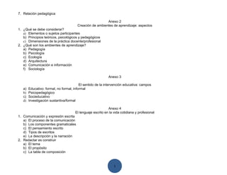 7. Relación pedagógica

                                                          Anexo 2
                                        Creación de ambientes de aprendizaje: aspectos
1. ¿Qué se debe considerar?
   a) Elementos o sujetos participantes
   b) Principios teóricos, psicológicos y pedagógicos
   c) Dimensiones de la práctica docente/profesional
2. ¿Qué son los ambientes de aprendizaje?
   a) Pedagogía
   b) Psicología
   c) Ecología
   d) Arquitectura
   e) Comunicación e información
   f) Sociología

                                                            Anexo 3

                                          El sentido de la intervención educativa: campos
   a)   Educativo: formal, no formal, informal
   b)   Psicopedagógico
   c)   Socieducativo
   d)   Investigación sustantiva/formal

                                                            Anexo 4
                                      El lenguaje escrito en la vida cotidiana y profesional
1. Comunicación y expresión escrita
   a) El proceso de la comunicación
   b) Los componentes gramaticales
   c) El pensamiento escrito
   d) Tipos de escritos
   e) La descripción y la narración
2. Redactar es construir
   a) El tema
   b) El propósito
   c) La tabla de composición



                                                                1
 