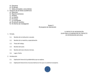 d) Esquema
   e) El párrafo
   f) Ideas principales y secundarias
3. Escritura de los textos académicos
   a) Resumen
   b) Reporte de lectura
   c) Síntesis
   d) La reseña
   e) El ensayo
   f) La monografía
   g) El artículo científico
   h) El informe de investigación
                                                                    Anexo 5
                                                      El proyecto de intervención


                                                                                                 EL PROYECTO DE INTERVENCIÓN
1. Portada.                                                                                (GUÍA PARA LA ELABORACIÓN DEL PROYECTO
                                                                                                  DE INTERVENCIÓN (SEP,2010)
   1.1.   Nombre de la institución o escuela.

   1.2.   Nombre de la maestría y especialización.

   1.3.   Título del trabajo.

   1.4.   Nombre del autor.

   1.5.   Nombre del tutor-director de tesis.

   1.6.   Lugar y fecha.

2. Introducción.

   2.1.   Explicación breve de la problemática que se explora.

   2.2.   Explicación breve de los recursos teóricos en los que se sustenta el proyecto.



                                                                    1
 