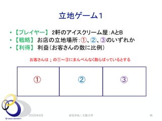 立地ゲーム１
2020年8月 15
• 【プレイヤー】 2軒のアイスクリーム屋：AとB
• 【戦略】 お店の立地場所：①、②、③のいずれか
• 【利得】 利益（お客さんの数に比例）
① ② ③
安田洋祐｜大阪大学
お客さんは ↓ の①〜③にまんべんなく散らばっているとする
 