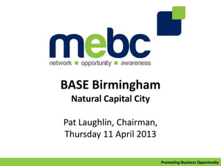 BASE Birmingham
Natural Capital City
Pat Laughlin, Chairman,
Thursday 11 April 2013
Promoting Business Opportunity
 