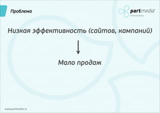 Проблема
Interactive Agency

Низкая эффективность (сайтов, кампаний)

Мало продаж

www.partmedia.ru

 