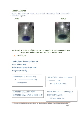 OBSERVACIONES 
Durante el desarrollo de la práctica observe que la validación del método utilizado tuvo 
el resultado esperado. 
ANTES DESPUÉS 
EL ANTES Y EL DESPUÉS DE LA MUESTRA LUEGO DE LA TITULACIÓN 
1 comprimido 0.22 g -------- 0.1 g 
x --------------------------- 0.075 g 
X = 0.17 g de p.a. 
En cada medicamento que alivia el dolor de la humanidad, está la ciencia de un farmacéutico 
Página 3 
CON SOLUCIÓN DE HClO4 0.1 N RESPECTIVAMENTE 
CALCULOS 
1 ml HClO4 0.1N -------- 29.53 mg p.a. 
KHClO4 0.1N : 0.9989 
Parámetros de referencia: 90-110% 
Peso promedio: 0.22 g 
1 ml HClO4 0.1N -------- 29.53 mg p.a. 
x ------------ 75 mg 
X = 2.53 ml HClO4 0.1 N 
1 ml HClO4 0.1N -------- 29.53 mg p.a. 
2.7969 ml HClO4 0.1N ------------ x 
X = 82.59 mg de p.a. 
CONSUMO REAL : 2.8 * 0.9989 
CONSUMO REAL: 2.7969 ml HClO4 0.1 N 
 