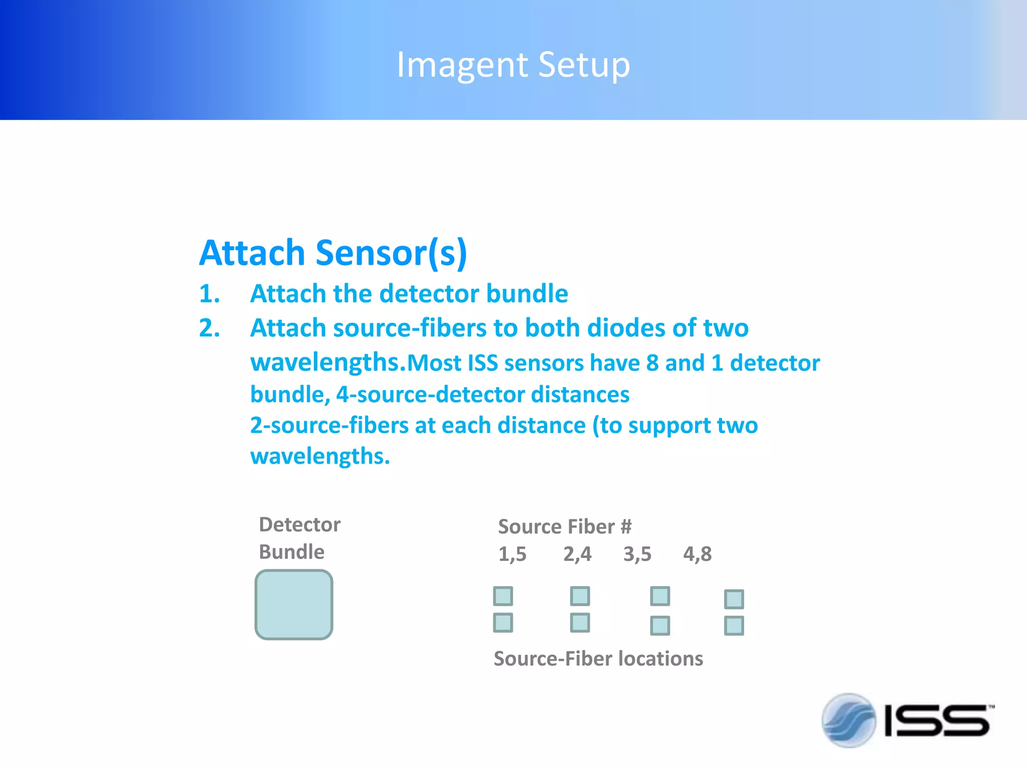 Imagent Setup



Attach Sensor(s)
1.   Attach the detector bundle
2.   Attach source-fibers to both diodes of two
     wavelengths.Most ISS sensors have 8 and 1 detector
     bundle, 4-source-detector distances
     2-source-fibers at each distance (to support two
     wavelengths.

     Detector               Source Fiber #
     Bundle                 1,5   2,4 3,5      4,8



                            Source-Fiber locations
 
