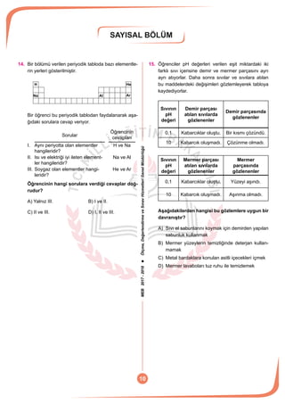 MEB2017-2018Ölçme,DeğerlendirmeveSınavHizmetleriGenelMüdürlüğü
SAYISAL BÖLÜM
10
14.	 Bir bölümü verilen periyodik tabloda bazı elementle-
rin yerleri gösterilmiştir.
H
Na ArAl
He
Bir öğrenci bu periyodik tablodan faydalanarak aşa-
ğıdaki sorulara cevap veriyor.
Sorular
Öğrencinin
cevapları
I. Aynı periyotta olan elementler
hangileridir?
H ve Na
II. Isı ve elektriği iyi ileten element-
ler hangileridir?
Na ve Al
III. Soygaz olan elementler hangi-
leridir?
He ve Ar
Öğrencinin hangi sorulara verdiği cevaplar doğ-
rudur?
A) Yalnız III.	 B) I ve II.
C) II ve III.	 D) I, II ve III.
15.	 Öğrenciler pH değerleri verilen eşit miktardaki iki
farklı sıvı içerisine demir ve mermer parçasını ayrı
ayrı atıyorlar. Daha sonra sıvılar ve sıvılara atılan
bu maddelerdeki değişimleri gözlemleyerek tabloya
kaydediyorlar.
Sıvının
pH
değeri
Demir parçası
atılan sıvılarda
gözlenenler
Demir parçasında
gözlenenler
0,1 Kabarcıklar oluştu. Bir kısmı çözündü.
10 Kabarcık oluşmadı. Çözünme olmadı.
Sıvının
pH
değeri
Mermer parçası
atılan sıvılarda
gözlenenler
Mermer
parçasında
gözlenenler
0,1 Kabarcıklar oluştu. Yüzeyi aşındı.
10 Kabarcık oluşmadı. Aşınma olmadı.
Aşağıdakilerden hangisi bu gözlemlere uygun bir
davranıştır?
A)	 Sıvı el sabunlarını koymak için demirden yapılan
sabunluk kullanmak
B)	 Mermer yüzeylerin temizliğinde deterjan kullan-
mamak
C)	 Metal bardaklara konulan asitli içecekleri içmek
D)	 Mermer lavaboları tuz ruhu ile temizlemek
 