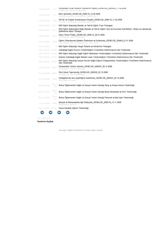 17/02/2009 567
Okullardaki Ortak Kullanım Alanlarının Hijyeni_GENELGE_2009-20_17.02.2009
(Sağlık İşleri Dairesi Başkanlığı)
12/02/2009 427
Bilim Şenlikleri_GENELGE_2009-16_12.02.2009
(Eğitimi Araştırma ve Geliştirme Dairesi Bşk.)
11/02/2009 491
AR-GE ve Projeler Koordinasyon Ekipleri_GENELGE_2009-15_11.02.2009
(Projeler Koordinasyon Merkezi Başkanlığı)
00/02/2009 2617 Millî Eğitim Bakanlığı Mesleki ve Teknik Eğitim Fuarı Yönergesi
00/02/2009 2617
Millî Eğitim Bakanlığına Bağlı Mesleki ve Teknik Eğitim Okul ve Kurumları Alan/Bölüm, Atölye ve Laboratuvar
Şefliklerine İlişkin Yönerge
30/01/2009 1192
Deniz Temiz Projesi_GENELGE_2009-12_30.01.2009
(Ortaöğretim Genel Müdürlüğü)
21/01/2009 2009
Eğitim Ortamlarında Şiddetin Önlenmesi ve Azaltılması_GENELGE_2009/9_21.01.2009
(Özel Eğitim Reh. ve Danışma Hiz. Gen. Müd)
12/01/2009 9 Millî Eğitim Bakanlığı Yangın Önleme ve Söndürme Yönergesi
28/12/2008 27094 Validebağ Sağlık Kurumu Yönetmeliğinin Yürürlükten Kaldırılmasına Dair Yönetmelik
28/12/2008 27094 Millî Eğitim Bakanlığı Sağlık Eğitim Merkezleri Yönetmeliğinin Yürürlükten Kaldırılmasına Dair Yönetmelik
28/12/2008 27094 İstanbul Validebağ Sağlık Meslek Lisesi Yönetmeliğinin Yürürlükten Kaldırılmasına Dair Yönetmelik
28/12/2008 27094
Millî Eğitim Bakanlığı Sosyal Hizmet Sağlık Eğitimi İl Başkanlıkları Yönetmeliğinin Yürürlükten Kaldırılmasına
Dair Yönetmelik
26/12/2008 13081
Üniversiteleri Tanıtım Gezileri_GENELGE_2008-87_26.12.2008
(Ortaöğretim Genel Müdürlüğü)
22/12/2008 12846
Okul Servis Taşımacılığı_GENELGE_2008-82_22.12.2008
(Ortaöğretim Genel Müdürlüğü)
04/12/2008 1608
Ortaöğretimde okul çeşitliliğinin azaltılması_GENELGE_2008-81_04.12.2008
(Müsteşarlık Bürosu)
00/12/2008
2615-
EK
İlkokul Öğretmenleri Sağlık ve Sosyal Yardım Sandığı Satış ve Kiraya Verme Yönetmeliği
00/12/2008
2615-
EK
İlkokul Öğretmenleri Sağlık ve Sosyal Yardım Sandığı Bütçe Muhasebe ve Alım Yönetmeliği
00/12/2008
2615-
EK
İlkokul Öğretmenleri Sağlık ve Sosyal Yardım Sandığı Personel ve İdari İşler Yönetmeliği
13/11/2008 1486
Şikayet ve Müracaatlarla İlgili Dilekçeler_GENELGE_2008-78_13.11.2008
(Müsteşarlık Bürosu)
06/11/2008 27046 Güzel Sanatlar Eğitimi Yönetmeliği
251 - 300/ 811
Yazdırma Sayfası
Ana Sayfa | Teşkilat | Bilgi Edinme| E-Posta | İletişim | English
 