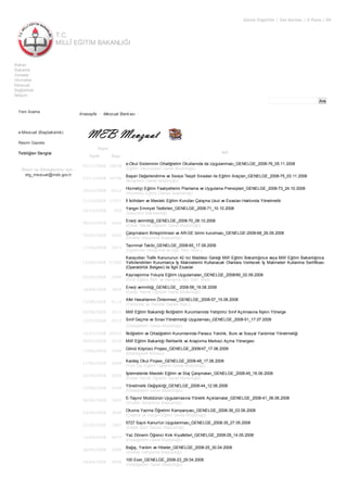 T.C.
MİLLÎ EĞİTİM BAKANLIĞI
Görme Engelliler | Site Haritası | E-Posta | EN
Ara
Bakan
Bakanlık
Sınavlar
Hizmetler
Mevzuat
Bağlantılar
İletişim
Yeni Arama
e-Mevzuat (Başbakanlık)
Resmi Gazete
Tebliğler Dergisi
Öneri ve Görüşleriniz için :
etg_mevzuat@meb.gov.tr
Anasayfa • Mevzuat Bankası •
Yayın
Adı
Tarih Sayı
05/11/2008 19638
e-Okul Sisteminin Ortaöğretim Okullarında da Uygulanması_GENELGE_2008-76_05.11.2008
(Eğitim Teknolojileri Genel Müdürlüğü)
03/11/2008 14796
Başarı Değerlendirme ve Seviye Tespit Sınavları ile Eğitim Araçları_GENELGE_2008-75_03.11.2008
(İlköğretim Genel Müdürlüğü)
24/10/2008 6013
Hizmetiçi Eğitim Faaliyetlerini Planlama ve Uygulama Prensipleri_GENELGE_2008-73_24.10.2008
(Hizmetiçi Eğitim Dairesi Başkanlığı)
21/10/2008 27031 İl İstihdam ve Mesleki Eğitim Kurulları Çalışma Usul ve Esasları Hakkında Yönetmelik
10/10/2008 605
Yangın Emniyet Tedbirleri_GENELGE_2008-71_10.10.2008
(Savunma Sekreterliği)
08/10/2008 4464
Enerji verimliliği_GENELGE_2008-70_08.10.2008
(Erkek Teknik Öğretim Genel Müdürlüğü)
26/09/2008 4942
Çalışmaların Birleştirilmesi ve AR-GE birimi kurulması_GENELGE-2008-68_26.09.2008
(Strateji Geliştirme Başkanlığı)
17/09/2008 2872
Tazminat Takibi_GENELGE_2008-65_17.09.2008
(Öğretmen Yetiştirme ve Eğit. Gen. Müd.)
15/09/2008 57280
Karayolları Trafik Kanununun 42 nci Maddesi Gereği Millî Eğitim Bakanlığınca veya Millî Eğitim Bakanlığınca
Yetkilendirilen Kurumlarca İş Makinelerini Kullanacak Olanlara Verilecek İş Makineleri Kullanma Sertifikası
(Operatörlük Belgesi) ile İlgili Esaslar
02/09/2008 2008
Kaynaştırma Yoluyla Eğitim Uygulamaları_GENELGE_2008/60_02.09.2008
(Özel Eğitim Reh. ve Danışma Hiz. Gen. Müd)
18/08/2008 3809
Enerji verimliliği_GENELGE_ 2008-58_18.08.2008
(Erkek Teknik Öğretim Genel Müdürlüğü)
15/08/2008 6113
Afet Hasarlarının Önlenmesi_GENELGE_2008-57_15.08.2008
(Yatırımlar ve Tesisler Dairesi Bşk.)
00/08/2008 2611 Millî Eğitim Bakanlığı İlköğretim Kurumlarında Yetiştirici Sınıf Açılmasına İlişkin Yönerge
17/07/2008 6515 Sınıf Geçme ve Sınav Yönetmeliği Uygulaması_GENELGE_2008-51_17.07.2008
(Ortaöğretim Genel Müdürlüğü)
10/07/2008 26932 İlköğretim ve Ortaöğretim Kurumlarında Parasız Yatılılık, Burs ve Sosyal Yardımlar Yönetmeliği
00/07/2008 2610 Millî Eğitim Bakanlığı Rehberlik ve Araştırma Merkezi Açma Yönergesi
17/06/2008 2008
Gönül Köprüsü Projesi_GENELGE_2008/47_17.06.2008
(Müsteşarlık Bürosu)
17/06/2008 2090
Kardeş Okul Projesi_GENELGE_2008-48_17.06.2008
(Yurt Dışı Eğitim Öğretim Genel Müdürlüğü)
16/06/2008 2850
İşletmelerde Mesleki Eğitim ve Staj Çalışmaları_GENELGE_2008-45_16.06.2008
(Erkek Teknik Öğretim Genel Müdürlüğü)
12/06/2008 5439
Yönetmelik Değişikliği_GENELGE_2008-44_12.06.2008
(Ortaöğretim Genel Müdürlüğü)
06/06/2008 3095
E-Taşınır Modülünün Uygulamasına Yönelik Açıklamalar_GENELGE_2008-41_06.06.2008
(Strateji Geliştirme Başkanlığı)
03/06/2008 3509
Okuma Yazma Öğretimi Kampanyası_GENELGE_2008-39_03.06.2008
(Çıraklık ve Yaygın Eğitim Genel Müdürlüğü)
27/05/2008 1967
5727 Sayılı Kanun'un Uygulanması_GENELGE_2008-35_27.05.2008
(Sağlık İşleri Dairesi Başkanlığı)
14/05/2008 4577
Yaz Dönemi Öğrenci Kılık Kıyafetleri_GENELGE_2008-29_14.05.2008
(Ortaöğretim Genel Müdürlüğü)
30/04/2008 2288
Bağış, Yardım ve Hibeler_GENELGE_2008-25_30.04.2008
(Strateji Geliştirme Başkanlığı)
29/04/2008 4099
100 Eser_GENELGE_2008-23_29.04.2008
(Ortaöğretim Genel Müdürlüğü)
 