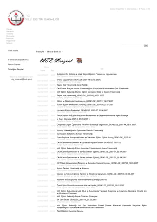 T.C.
MİLLÎ EĞİTİM BAKANLIĞI
Görme Engelliler | Site Haritası | E-Posta | EN
Ara
Bakan
Bakanlık
Sınavlar
Hizmetler
Mevzuat
Bağlantılar
İletişim
Yeni Arama
e-Mevzuat (Başbakanlık)
Resmi Gazete
Tebliğler Dergisi
Öneri ve Görüşleriniz için :
etg_mevzuat@meb.gov.tr
Anasayfa • Mevzuat Bankası •
Yayın
Adı
Tarih Sayı
09/10/2007 2007
İlköğretim Din Kültürü ve Ahlak Bilgisi Öğretim Programının Uygulanması
(Din Öğretimi Genel Müdürlüğü)
02/10/2007 15709
e-Okul Uygulaması (GENELGE 2007-74 02.10.2007)
(İlköğretim Genel Müdürlüğü)
08/09/2007 26637 Taşınır Mal Yönetmeliği Genel Tebliği
28/08/2007 26627 Okul Servis Araçları Hizmet Yönetmeliğinin Yürürlükten Kaldırılmasına Dair Yönetmelik
24/08/2007 26623 Millî Eğitim Bakanlığı Mesleki Eğitim Merkezleri Ödül ve Disiplin Yönetmeliği
09/07/2007 3328
Taşınır mal yönetmeliği_GENELGE_2007-60_09.07.2007
(Strateji Geliştirme Başkanlığı)
04/07/2007 2007 Eğitim ve Öğretimde Koordinasyon_GENELGE_2007/17_04.07.2007
03/07/2007 2824
Turizm Eğitim Merkezleri (TUREM)_GENELGE_2007-58_03.07.2007
(Ticaret ve Turizm Öğretimi Genel Müdürlüğü)
20/06/2007 3279
Hizmetiçi Eğitim Faaliyetleri_GENELGE_2007-57_20.06.2007
(Hizmetiçi Eğitim Dairesi Başkanlığı)
00/06/2007 2597 Ders Kitapları ile Eğitim Araçlarının İncelenmesi ve Değerlendirilmesine İlişkin Yönerge
21/05/2007 9262
e- Kayıt (Genelge 2007-45 21.05.2007 )
(İlköğretim Genel Müdürlüğü)
15/05/2007 2379
Ortapedik Engelli Öğrencilere Tekerlekli Sandalye Sağlanması_GENELGE_2007-44_15.05.2007
(Özel Eğitim Reh. ve Danışma Hiz. Gen. Müd)
11/05/2007 26519 Yurtdışı Yükseköğretim Diplomaları Denklik Yönetmeliği
22/04/2007 26501 Gemiadamı Yetiştirme Kursları Yönetmeliği
19/04/2007 1661
Pratik İngilizce Konuşma Yöntem ve Teknikleri Eğitici Eğitimi Kursu_GENELGE_2007-35
(Hizmetiçi Eğitim Dairesi Başkanlığı)
17/04/2007 1008
Okul Kantinlerinin Denetimi ve Uyulacak Hijyen Kuralları (GENELGE 2007-33)
(Sağlık İşleri Dairesi Başkanlığı)
13/04/2007 26492 Millî Eğitim Bakanlığı Eğitim Kurumları Yöneticilerinin Atama Yönetmeliği
02/04/2007 1006
Okul Kantin İşletmecileri ve Servis Şoförleri Eğitimi_GENELGE_2007-31_02.04.2007
(Kız Teknik Öğretim Genel Müdürlüğü)
02/04/2007 1006
Okul Kantin İşletmecileri ve Servis Şoförleri Eğitimi_GENELGE_2007-31_02.04.2007
(Kız Teknik Öğretim Genel Müdürlüğü)
30/03/2007 8530
KKTC'deki Üniversitelerin Öğrenim ve Bursluluk Sistemi Semineri_GENELGE_2007-29_30.03.2007
(Yüksek Öğretim Genel Müdürlüğü)
30/03/2007 3578
Kurum Tanıtım Yönetmeliği ve Kılavuzu
(Ortaöğretim Genel Müdürlüğü)
30/03/2007 2007
Mesleki ve Teknik Eğitimde Tanıtım ve Yöneltme Çalışmaları_GENELGE_2007/30_30.03.2007
(Çıraklık,Meslek.ve Tek.Eğt.Gel.ve Yay.Dai.Başk.)
23/03/2007 17276
İnceleme ve Soruşturma Görevlendirmeleri (Genelge 2007/25)
(Personel Genel Müdürlüğü)
02/03/2007 2007
Özel Eğitim Okulu/Kurumlarında Kılık ve Kıyafet_GENELGE_2007/20_02.03.2007
(Özel Eğitim Reh. ve Danışma Hiz. Gen. Müd)
00/03/2007 2594
Millî Eğitim Bakanlığına Bağlı Okul ve Kurumlarda Yapılacak Araştırma ve Araştırma Desteğine Yönelik İzin
ve Uygulama Yönergesi
00/03/2007 2594 Millî Eğitim Bakanlığı Bayrak Törenleri Yönergesi
27/02/2007 11707
Ek Ders Ücreti GENELGE_2007-19_27.02.2007
(Personel Genel Müdürlüğü)
16/02/2007 26436
Millî Eğitim Bakanlığı Yurt Dışı Teşkilatına Sürekli Görevle Atanacak Personelin Seçimine İlişkin
Yönetmeliğin Yürürlükten Kaldırılmasına Dair Yönetmelik
14/02/2007 26434 Özel Öğretim Kurumları Kanunu
 