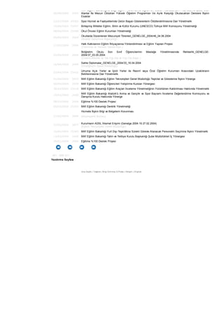 00/08/2004 2563
Millî Eğitim Bakanlığına Bağlı Eğitim Kurumlarına Öğretmen Olarak Atanacakların Atamalarına Esas Olan
Alanlar İle Mezun Oldukları Yüksek Öğretim Programları Ve Aylık Karşılığı Okutacakları Derslere İlişkin
Esaslar
23/07/2004 24565 Spor Hizmet ve Faaliyetlerinde Üstün Başarı Gösterenlerin Ödüllendirilmesine Dair Yönetmelik
19/06/2004 25497 Birleşmiş Milletler Eğitim, Bilim ve Kültür Kurumu (UNESCO) Türkiye Millî Komisyonu Yönetmeliği
08/06/2004 25486 Okul Öncesi Eğitim Kurumları Yönetmeliği
04/06/2004 2004
Okullarda Düzenlenen Mezuniyet Törenleri_GENELGE_2004/46_04.06.2004
(Strateji Geliştirme Başkanlığı)
17/05/2004 2004
Halk Katkılarının Eğitim İhtiyaçlarına Yönlendirilmesi ve Eğitim Yapıları Projesi
(Yatırımlar ve Tesisler Dairesi Bşk.)
03/05/2004 2004
İlköğretim Okulu Son Sınıf Öğrencilerinin Mesleğe Yöneltilmesinde Rehberlik_GENELGE-
2004/37_03.05.2004
(Çıraklık,Meslek.ve Tek.Eğt.Gel.ve Yay.Dai.Başk.)
16/04/2004 2004
Sahte Diplomalar_GENELGE_2004/33_16.04.2004
(Ortaöğretim Genel Müdürlüğü)
03/04/2004 25422
Umuma Açık Yerler ve İçkili Yerler ile Resmî veya Özel Öğretim Kurumları Arasındaki Uzaklıkların
Belirlenmesine Dair Yönetmelik
01/04/2004 5933 Millî Eğitim Bakanlığı Eğitim Teknolojileri Genel Müdürlüğü Teşkilat ve Görevlerine İlişkin Yönerge
00/04/2004 2559 Millî Eğitim Bakanlığı Öğrencileri Yetiştirme Kursları Yönergesi
30/03/2004 25418 Millî Eğitim Bakanlığı Eğitim Araçları İnceleme Yönetmeliğinin Yürürlükten Kaldırılması Hakkında Yönetmelik
19/03/2004 2560
Millî Eğitim Bakanlığı Atatürk'ü Anma ve Gençlik ve Spor Bayramı İnceleme Değerlendirme Komisyonu ve
Danışma Kurulu Hakkında Yönerge
08/03/2004 2004 Eğitime %100 Destek Projesi
05/03/2004 25393 Millî Eğitim Bakanlığı Denklik Yönetmeliği
27/02/2004 2004
Hizmete İlişkin Bilgi ve Belgelerin Korunması
(Müsteşarlık Bürosu)
27/02/2004 3877
Kurumların ADSL İnternet Erişimi (Genelge 2004.19 27.02.2004)
(Eğitim Teknolojileri Genel Müdürlüğü)
24/02/2004 25383 Millî Eğitim Bakanlığı Yurt Dışı Teşkilâtına Sürekli Görevle Atanacak Personelin Seçimine İlişkin Yönetmelik
13/02/2004 1468 Millî Eğitim Bakanlığı Talim ve Terbiye Kurulu Başkanlığı Şube Müdürlükleri İç Yönergesi
30/01/2004 2004 Eğitime %100 Destek Projesi
451 - 500/ 811
Yazdırma Sayfası
Ana Sayfa | Teşkilat | Bilgi Edinme| E-Posta | İletişim | English
 