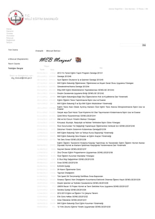 T.C.
MİLLÎ EĞİTİM BAKANLIĞI
Görme Engelliler | Site Haritası | E-Posta | EN
Ara
Bakan
Bakanlık
Sınavlar
Hizmetler
Mevzuat
Bağlantılar
İletişim
Yeni Arama
e-Mevzuat (Başbakanlık)
Resmi Gazete
Tebliğler Dergisi
Öneri ve Görüşleriniz için :
etg_mevzuat@meb.gov.tr
Anasayfa • Mevzuat Bankası •
Yayın
Adı
Tarih Sayı
09/01/2013 15964 2013 Yılı Temel Eğitim Yapım Programı Genelge 2013/1
29/12/2012 250926 Genelge 2012/46
28/12/2012 249425 Açık Öğretim Okullarının İş ve İşlemleri Genelge 2012/45
27/12/2012 246415 Millî Eğitim Bakanlığı Öğretmenevi, Öğretmenevi ve Akşam Sanat Okulu Uygulama Yönergesi
18/12/2012 228290 Görevlendirme/Atama Genelge 2012/44
04/12/2012 202358 İl/İlçe Millî Eğitim Müdürlüklerinin Teşkilatlanması GENELGE 2012/43
30/11/2012 194646 Disiplin Cezalarında Uygulama Birliği GENELGE 2012/42
27/11/2012 28480 Millî Eğitim Bakanlığına Bağlı Okul Öğrencilerinin Kılık ve Kıyafetlerine Dair Yönetmelik
18/11/2012 170185 Eğitim Öğretim Tesisi Yaptırılmasına İlişkin Usul ve Esaslar
18/11/2012 28471 Millî Eğitim Bakanlığı İl ve İlçe Millî Eğitim Müdürlükleri Yönetmeliği
18/11/2012 170184
Eğitim Tesisi Alanı Olarak Ayrılmış Alanların Özel Eğitim Tesis Alanına Dönüştürülmesine İlişkin Usul ve
Esaslar
07/11/2012 152282 Gerçek veya Özel Hukuk Tüzel Kişilerine Ait Olan Taşınmazların Kiralanmasına İlişkin Usul ve Esaslar
01/11/2012 141401 Çevre Bilinci Kazandırılması GENELGE2012/41
31/10/2012 138710 Afet ve Acil Durum Yönetim Merkezi Yönergesi
12/10/2012 115907 Kimyasal, Biyolojik, Radyolojik ve Nükleer Tehlikelere İlişkin Görev Yönergesi
09/10/2012 109233 Özür Durumundan Yer Değişikliği Yapılamayan Öğretmenlere Verilecek İzin GENELGE2012/40
27/09/2012 1435 Doküman Yönetim Sisteminin Kullanılması Genelge2012/39
12/09/2012 28409 Millî Eğitim Bakanlığı Talim ve Terbiye Kurulu Başkanlığı Yönetmeliği
12/09/2012 28409 Millî Eğitim Bakanlığı Ders Kitapları ve Eğitim Araçları Yönetmeliği
12/09/2012 22795 Tek Ders Sınavı GENELGE2012/38
08/09/2012 28405
Eğitim Öğretim Tesislerinin Kiralama Karşılığı Yaptırılması ile Tesislerdeki Eğitim Öğretim Hizmet Alanları
Dışındaki Hizmet ve Alanların İşletilmesi Karşılığında Yenilenmesine Dair Yönetmelik
31/08/2012 2668 Seçmeli Dersler GENELGE2012/37
17/08/2012 4738 Okul Öncesi Eğitim Programlarının Uygulanması GENELGE2012/36
17/08/2012 8106 Özel Öğretim Kurumları Standatlar Yönergesi
15/08/2012 1263 E-Okul Bilgi Değişiklikleri GENELGE2012/35
08/08/2012 20078 Sınav GENELGE2012/34
06/08/2012 36702 İLKSAN Üyeliği
02/08/2012 23080 24 Kasım Öğretmenler Günü
02/08/2012 11016 Taşımalı Ortaöğretim
01/08/2012 3000 Türk İşaret Dili Tercümanlığı Sertifikası Sınav Başvuruları
01/08/2012 19320 Sınavsız Öğrenci Alan Ortaöğretim Kurumlarına Elektronik Ortamda Öğrenci Kaydı GENELGE2012/29
26/07/2012 34965 Disiplin İşlemleri ve Tevhiden Cezalandırma GENELGE2012/28
24/07/2012 573 UMEM Beceri 10 Projesi Hizmet ve Tarım Sektörleri Kurs Uygulama GENELGE2012/27
11/07/2012 31973 Sendika Üyeliği GENELGE2012/26
12/06/2012 14723 2012-2013 Eğitim ve Öğretim Yılı Çalışma Takvimi
22/05/2012 22626 Etik Günü Haftası GENELGE2012/22
21/05/2012 3656 Artan Ödenekler GENELGE2012/21
18/05/2012 28296 Millî Eğitim Bakanlığı Özel Eğitim Kurumları Yönetmeliği
09/05/2012 401 12 Yıllık Zorunlu Eğitime Yönelik Uygulamalar GENELGE2012/20
Yetiştirilmek ve Staj Yaptırılmak Üzere 2012 Yılında Yurt Dışına Gönderilecek Devlet Memurları Hk.
 