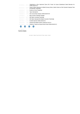 07/05/2012 20314
Yetiştirilmek ve Staj Yaptırılmak Üzere 2012 Yılında Yurt Dışına Gönderilecek Devlet Memurları Hk.
GENELGE2012/19
05/05/2012 28283
Ulusal ve Resmi Bayramlar ile Mahalli Kurtuluş Günleri, Atatürk Günleri ve Tarihi Günlerde Yapılacak Tören
ve Kutlamalar Yönetmeliği
19/04/2012 5448 Kutlama ve Anma Programları
18/04/2012 2889 Taşınır Mal İşlemleri
12/04/2012 5782 Okul ve Kurumların Donatımı GENELGE2012/16
11/04/2012 565 Bilgi ve Sistem Güvenliği Yönergesi
30/03/2012 28249 Millî Eğitim Uzmanlığı Yönetmeliği
20/03/2012 28239 Millî Eğitim Bakanlığı Özel Öğretim Kurumları Yönetmeliği
19/03/2012 13229 Emeklilik İşlemleri GENELGE2012/15
16/03/2012 1842 Okullarımızda Mekân Kullanımı GENELGE 2012/14
07/03/2012 3616 Araştırma, Yarışma ve Sosyal Etkinlik İzinleri GENELGE2012/13
51 - 100/ 811
Yazdırma Sayfası
Ana Sayfa | Teşkilat | Bilgi Edinme| E-Posta | İletişim | English
 