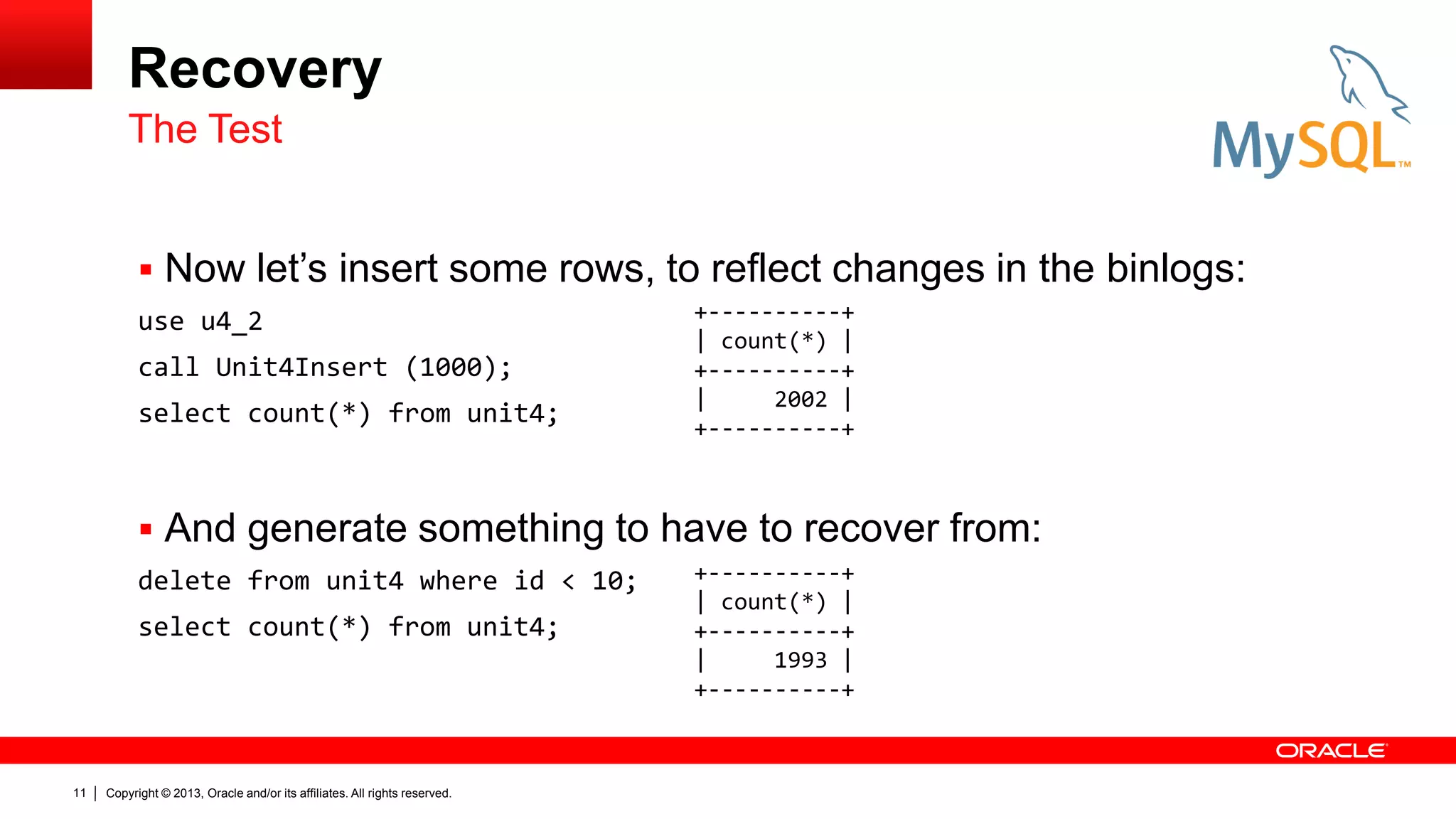 Copyright © 2013, Oracle and/or its affiliates. All rights reserved.
11
Recovery
 Now let’s insert some rows, to reflect changes in the binlogs:
use u4_2
call Unit4Insert (1000);
select count(*) from unit4;
 And generate something to have to recover from:
delete from unit4 where id < 10;
select count(*) from unit4;
The Test
+----------+
| count(*) |
+----------+
| 2002 |
+----------+
+----------+
| count(*) |
+----------+
| 1993 |
+----------+
 